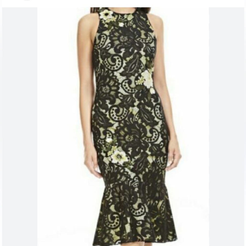 Theia dress Black Green Lace Floral Dress sequins embellished NEW 6